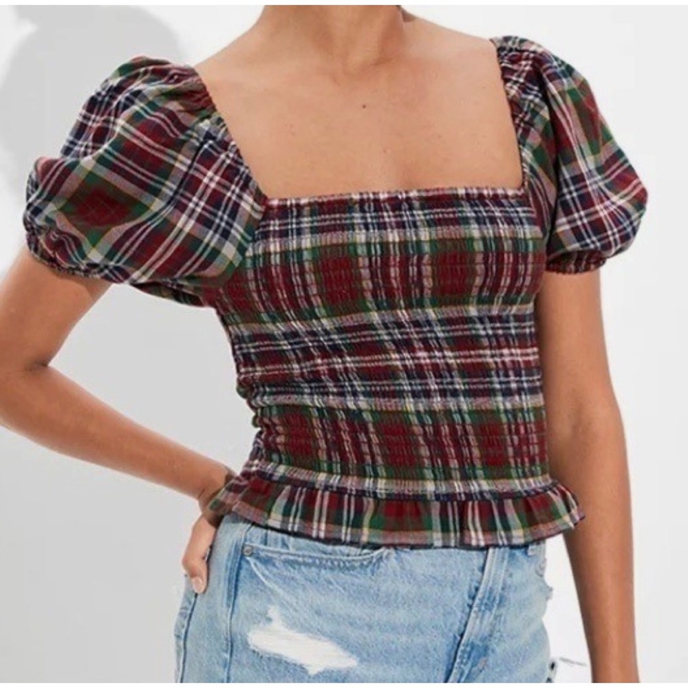 American Eagle Plaid Smocked Puff Sleeve Top Red Green Tartan y2k boho whimsi M